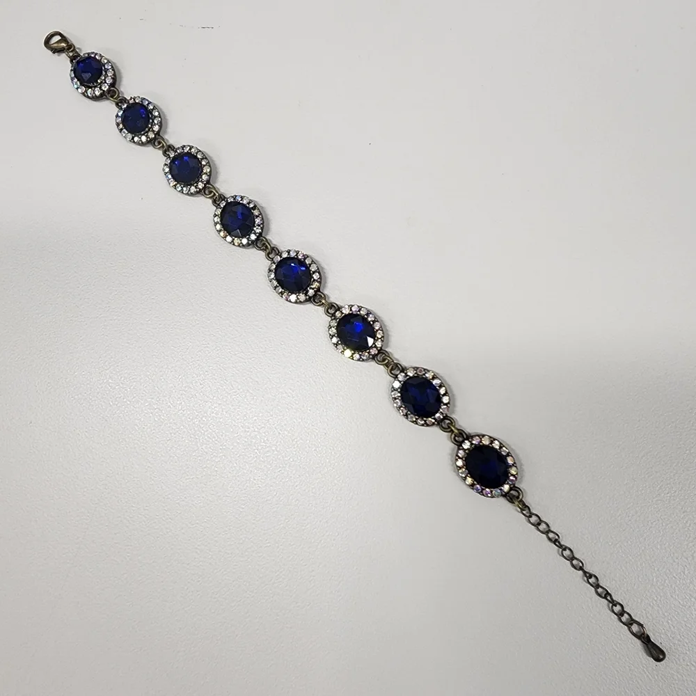 Sapphire Blue Oval & Aurora Borealis Rhinestone Crystal Bracelet Antique-Gold